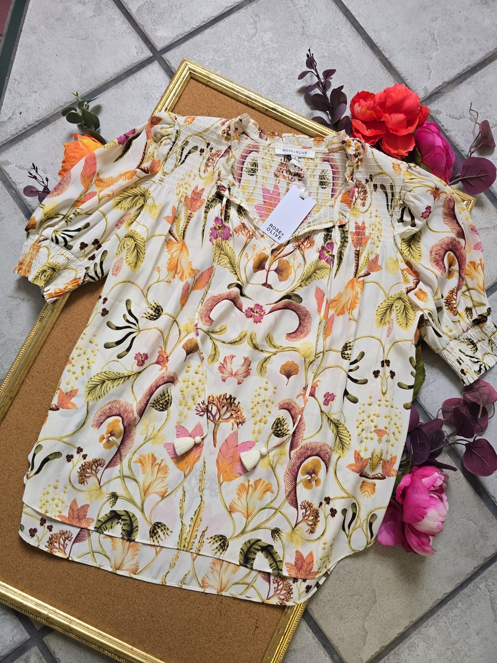 Rose & Olive Ivory/Cream Floral Puff-Sleeve Blouse with Tassel Accents